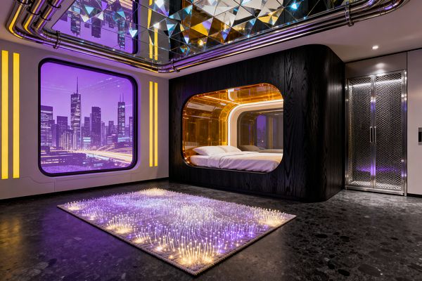 A cyberpunk bedroom features a black wood pod bed with a rounded window, lined in amber‑tinted panels and LED strips, set on a dark terrazzo floor. A large purple backlit cityscape dominates one wall with vertical yellow light bars, while chrome ceiling pipes and triangular mirrored tiles reflect colored light; perforated stainless‑steel wardrobe doors and a fiber‑optic rug glowing in violet and gold complete the futuristic scene.