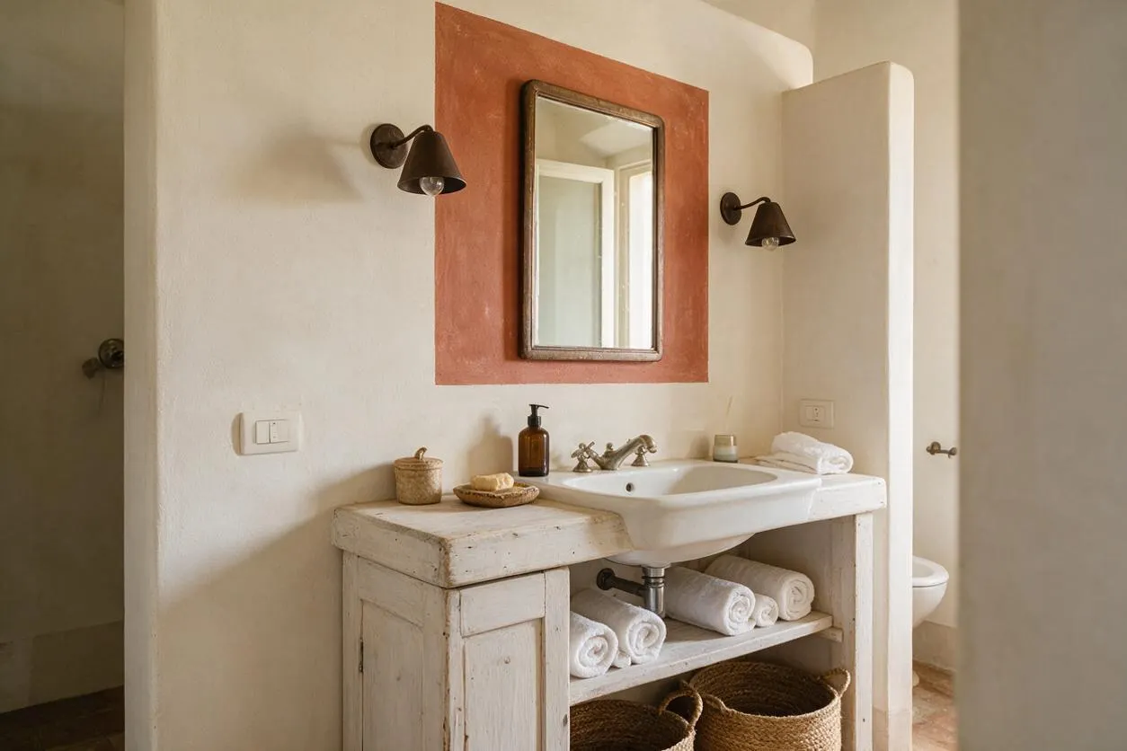 A Mediterranean-style bathroom with creamy plaster walls, a terracotta-framed mirror, and a rustic whitewashed vanity topped by a white basin sink. Dark bronze sconces flank the mirror, while rolled towels, woven baskets, and simple natural accessories add warmth and texture.