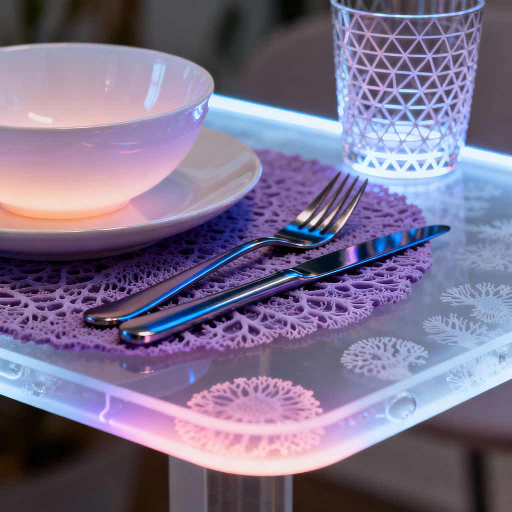 Close-up of a futuristic dining table corner made of clear acrylic with rounded edges, etched with coral-like patterns and illuminated by blue-to-pink LED edge lighting. On a lavender lace-textured placemat sit a white ceramic bowl and plate beside a mirror-polished stainless fork and knife, with a faceted geometric tumbler catching the colored light.