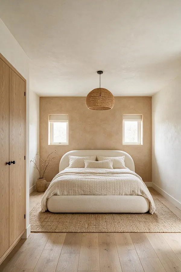 A calm organic modern bedroom with a low rounded upholstered bed, soft cream bedding, and a woven pendant light centered above. The room features a warm beige accent wall with two small windows, light oak cabinetry, a jute rug, and pale wood flooring.