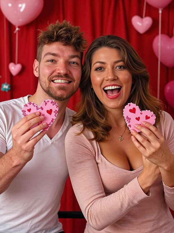 A cheerful couple holds heart-shaped decorations against a festive backdrop.