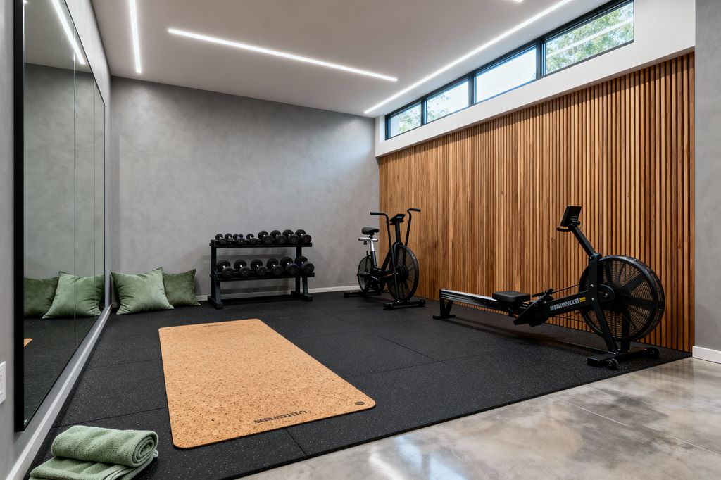 A minimal contemporary home gym features a vertical slatted wood accent wall and a row of clerestory windows near the ceiling. The room has cool gray walls, a polished concrete perimeter, and black speckled rubber flooring with a cork mat, dumbbell rack, air bike, and rowing machine; a wall of full-height mirrors reflects the space as slim linear LED strips in the white ceiling provide bright, even lighting, with sage green towels and cushions adding soft color.