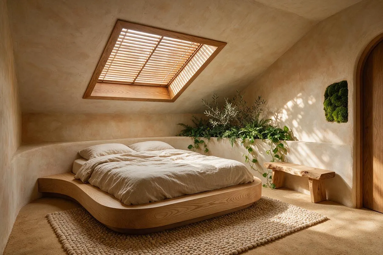 A serene guest bedroom with a low sculptural wooden platform bed dressed in soft beige linens, set under a slanted ceiling with a skylight fitted with wooden slats. Warm plaster walls, a woven rug, and built-in greenery along the back wall create a calm biophilic atmosphere, with a rustic wooden bench and arched wood door on the right.