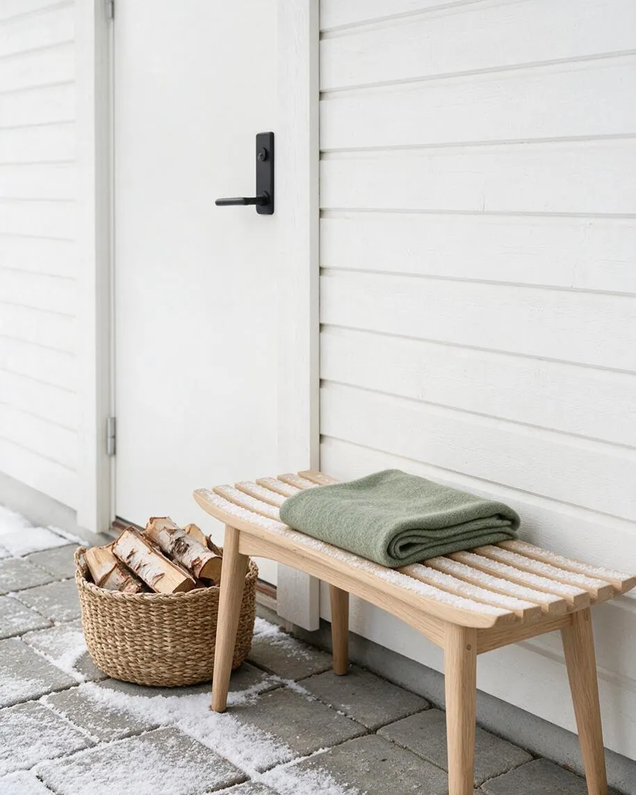 A minimalist Scandinavian-style exterior entryway with white horizontal wood siding, a plain white door, and a black lever handle. In front of the wall sits a light wood slatted bench with a folded green wool throw, next to a woven basket filled with firewood on a lightly snow-dusted stone patio.