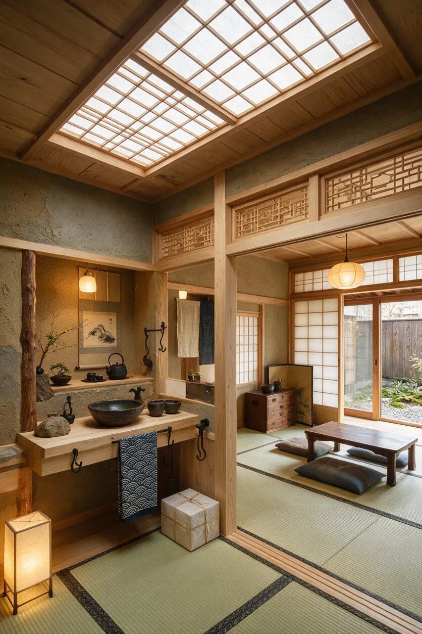 A Japanese Zen-inspired master bathroom with tatami mat flooring, a wooden vanity with a stone vessel sink, and shoji screens opening to a small garden. The room features exposed wood beams, paper lantern-style lighting, a soaking area, and a calm natural palette.