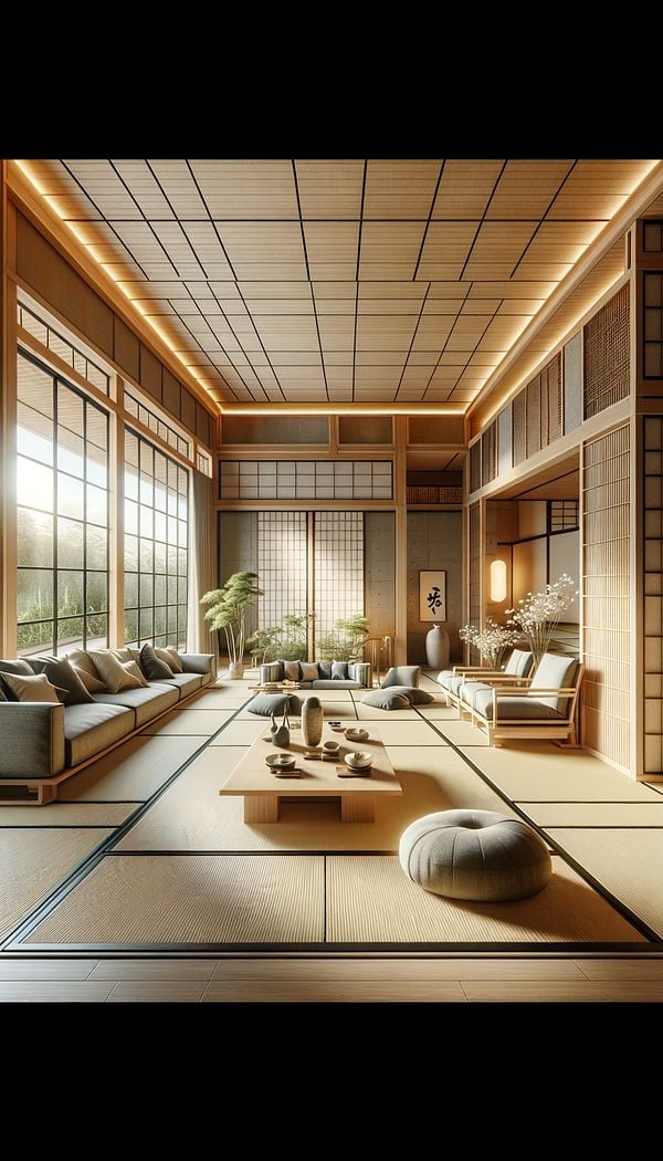 An interior design showcasing a living room in Japanese Style, featuring tatami mats, minimal furnishings, natural materials like wood and bamboo, and large windows allowing for plenty of natural light.