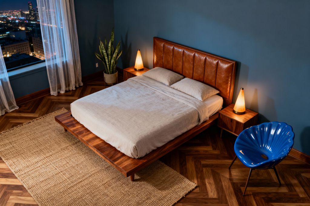 A mid-century modern bedroom features a low walnut platform bed with a channeled cognac leather headboard against deep blue walls. Matching walnut nightstands hold cone-shaped lamps, a jute rug softens herringbone wood floors, and a sculptural cobalt chair and potted snake plant add accents beside soft gray linen bedding, while sheer curtains reveal a nighttime city view.