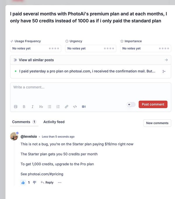 A user is discussing their experience with PhotoAi's subscription plans in a comment section.