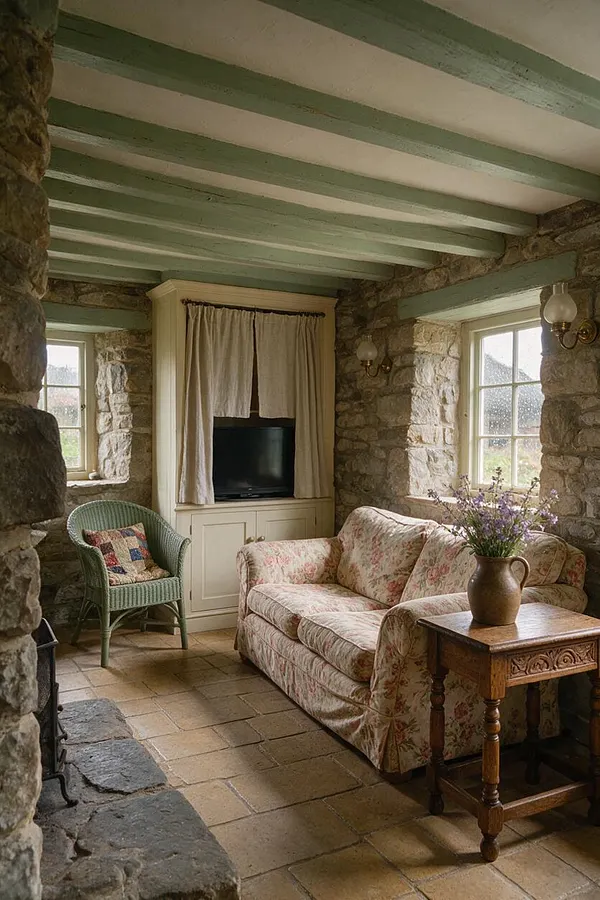 A cozy cottagecore media room with stone walls, exposed pale green ceiling beams, and a small television tucked into a built-in cabinet with linen curtains. A floral sofa, green wicker chair, and carved wooden side table create a warm, rustic seating area beside daylight-filled windows.