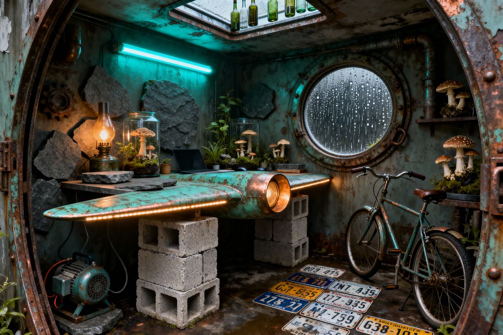 A compact, bunker-like home office with distressed teal metal walls features a desk made from a patinated airplane wing set on concrete blocks, edged with LEDs and a lit nose cone. Glass jars display mushrooms and plants beside an oil lamp and a laptop; a round porthole window shows rain, while a cyan tube light and skylight with hanging bottles illuminate slate-clad walls, exposed pipes, a vintage bicycle, and license-plate floor tiles.