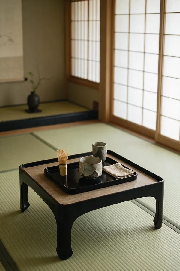 A serene Japanese-style tatami room with shoji screens and soft natural light. In the foreground, a low black tea table holds a tray with a whisk, ceramic tea bowls, a small cup, and a folded cloth, while a simple vase sits on a raised alcove platform in the background.