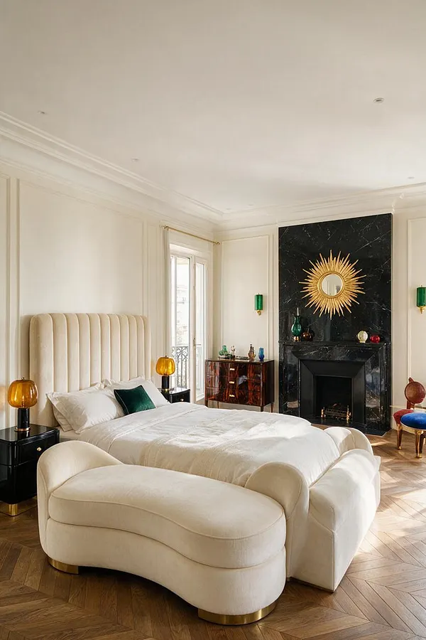 A luxurious Art Deco master bedroom features a cream upholstered bed and matching curved bench on a herringbone wood floor. A black marble fireplace with a gold sunburst mirror creates a dramatic focal point, balanced by green glass wall sconces, amber table lamps, and rich accent furniture.
