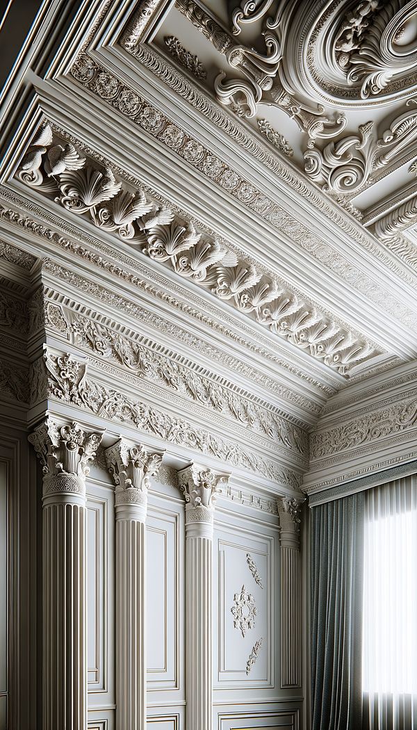 An elegantly decorated room with a detailed frieze running along the upper portion of the walls, near the ceiling. The frieze features intricate patterns that complement the room's classical design style, with subtle lighting highlighting its textures and details.