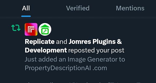 A Twitter interface displaying a repost notification from Replicate and Jomres Plugins & Development.