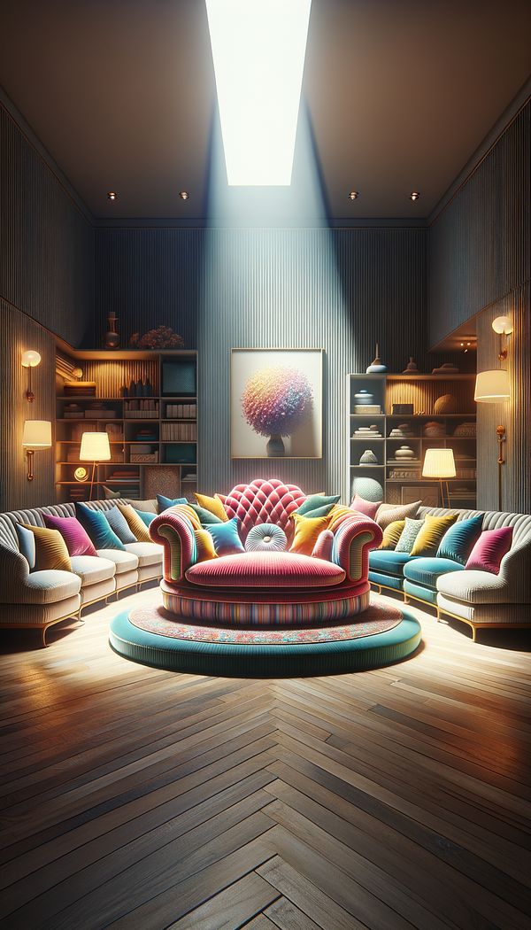 A cozy living room with a large, brightly colored sofa as the focal point, surrounded by smaller, neutral-colored furniture. The room is brightly lit, with a spotlight highlighting a piece of art on the wall.