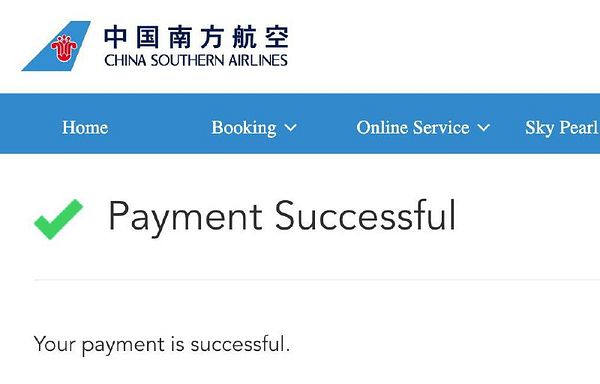 A confirmation message indicating a successful payment for a flight booking.
