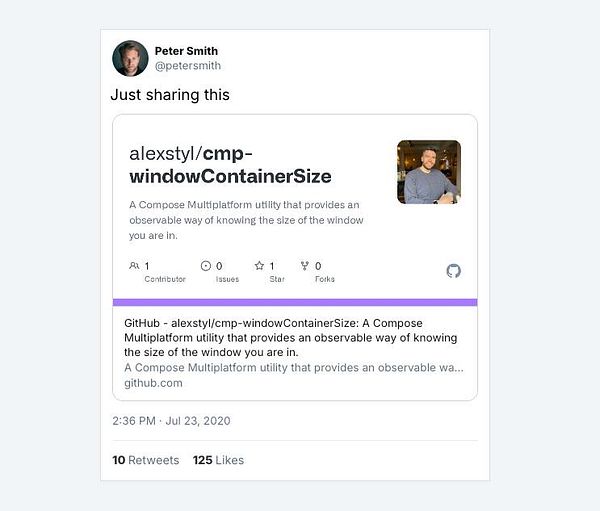 A tweet sharing a GitHub repository for a new mini library related to window size in composable applications.