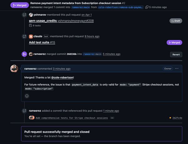 A GitHub pull request interface showing a merged commit related to a Stripe Checkout bug fix.
