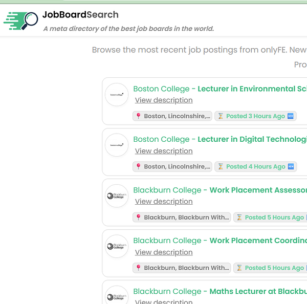 The image displays a job board interface showcasing recent job postings from various colleges.