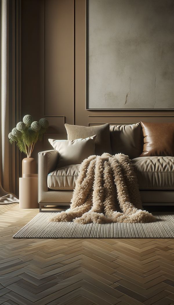 A luxurious living room featuring a soft, camel hair throw draped over a sleek, modern sofa, with warm, earthy tones accentuating the room's cozy and elegant ambiance.