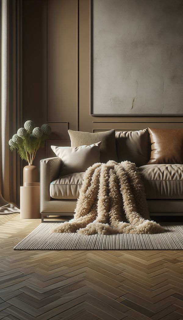 A luxurious living room featuring a soft, camel hair throw draped over a sleek, modern sofa, with warm, earthy tones accentuating the room's cozy and elegant ambiance.