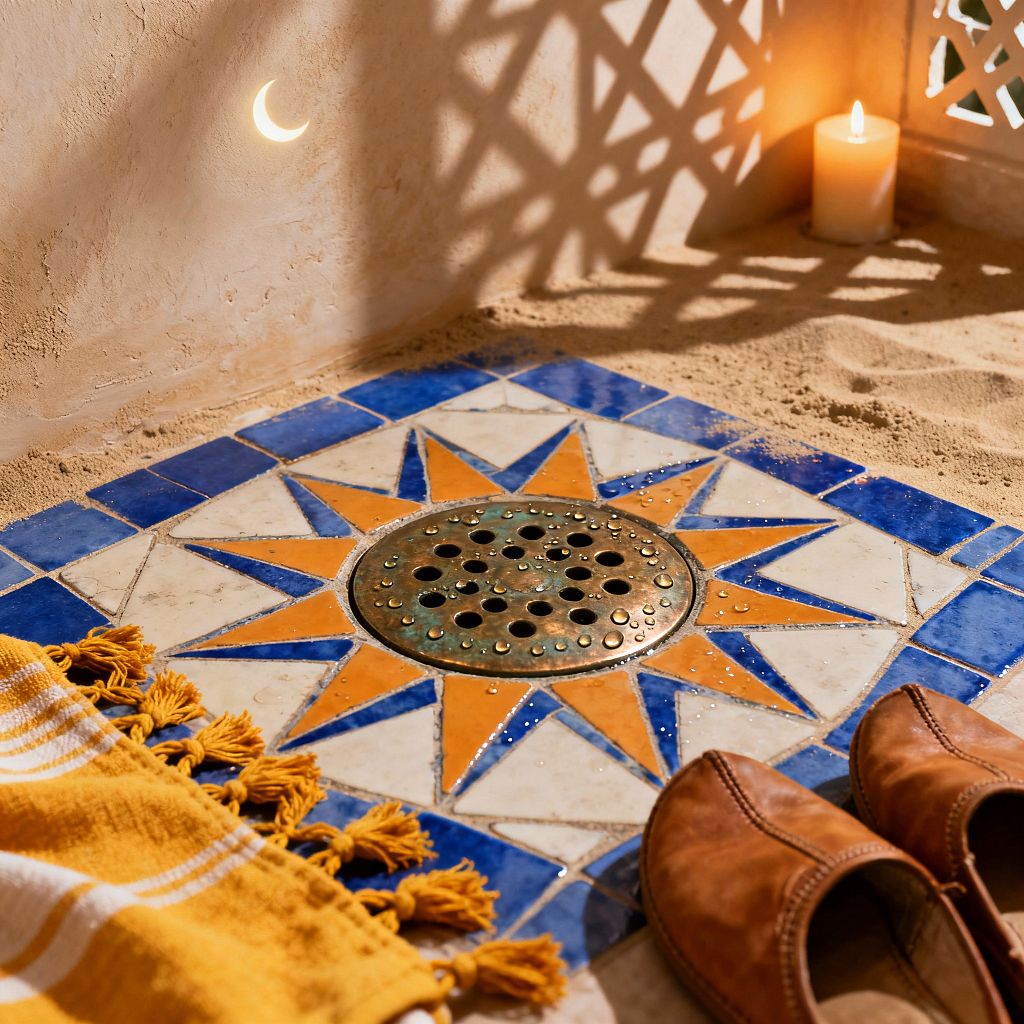 Close-up of a Moroccan-style shower floor with a starburst mosaic in cobalt blue, saffron orange, and ivory zellige tiles, centered by a round perforated brass drain with patina and water droplets. Surrounding elements include sandy tadelakt walls, a carved plaster lattice casting geometric shadows, a lit candle in the corner, a crescent-shaped light on the wall, a yellow striped cotton towel with tassels, and tan leather slippers at the edge.