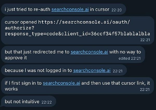 A chat conversation discussing a cursor bug related to re-authentication on searchconsole.ai.