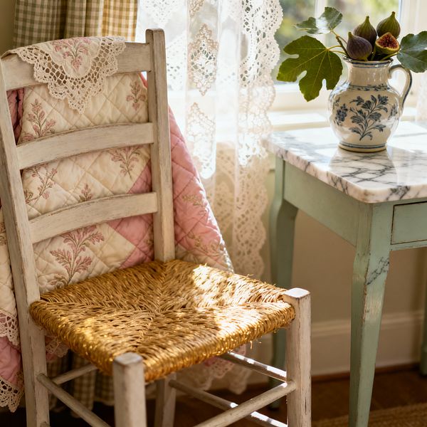 A sunlit French Country living room corner shows a distressed white ladder-back chair with a woven rush seat, draped with a pink-and-cream quilt trimmed in lace. Next to it stands a mint-green side table with a white marble top by a window dressed in sheer lace and green gingham curtains; a blue floral ceramic pitcher with figs and fig leaves sits on the table, while warm light casts soft shadows across the scene.