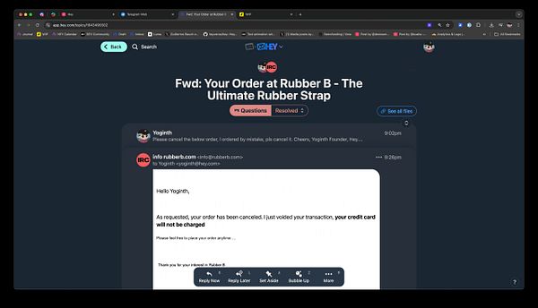 The image displays an email conversation regarding the cancellation of a Rolex strap order from Rubber B.