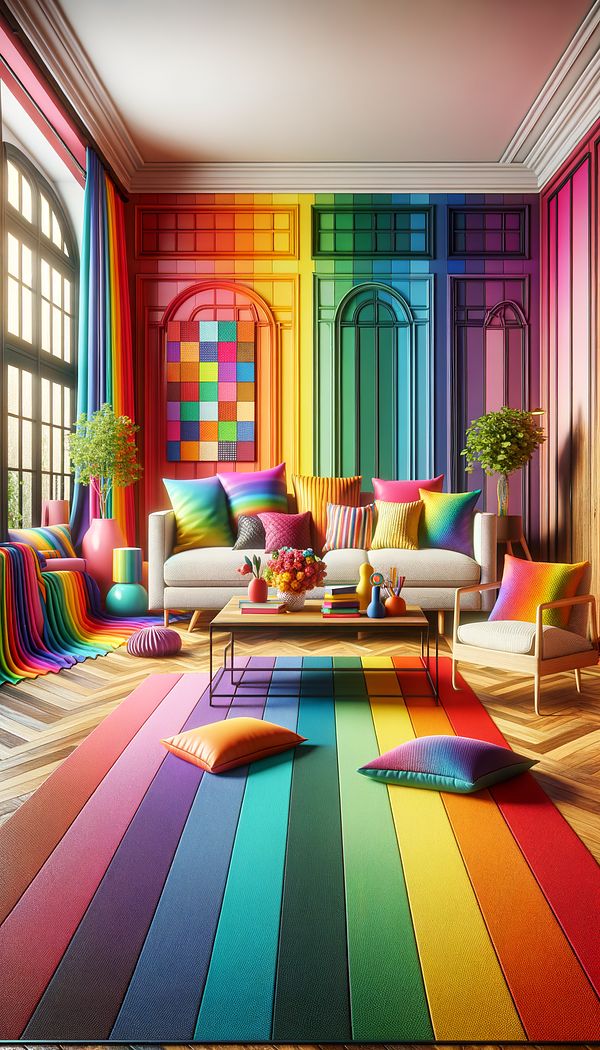 a colorful living room with polychrome decorative elements such as a multi-colored rug, vivid throw pillows, and painted furniture, showcasing the rich variety of colors