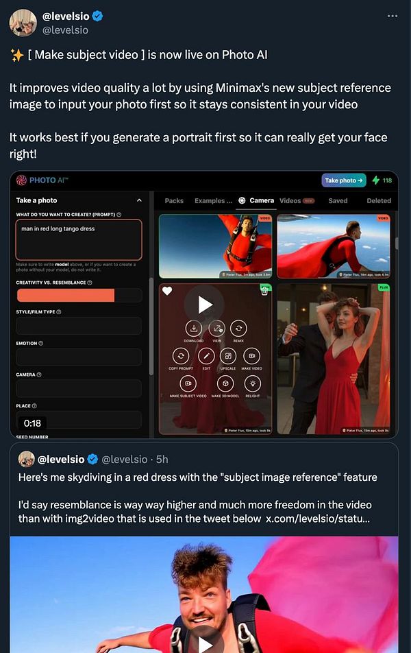 The image displays a user interface for a Photo AI application, showcasing a feature for creating videos using a subject reference image.