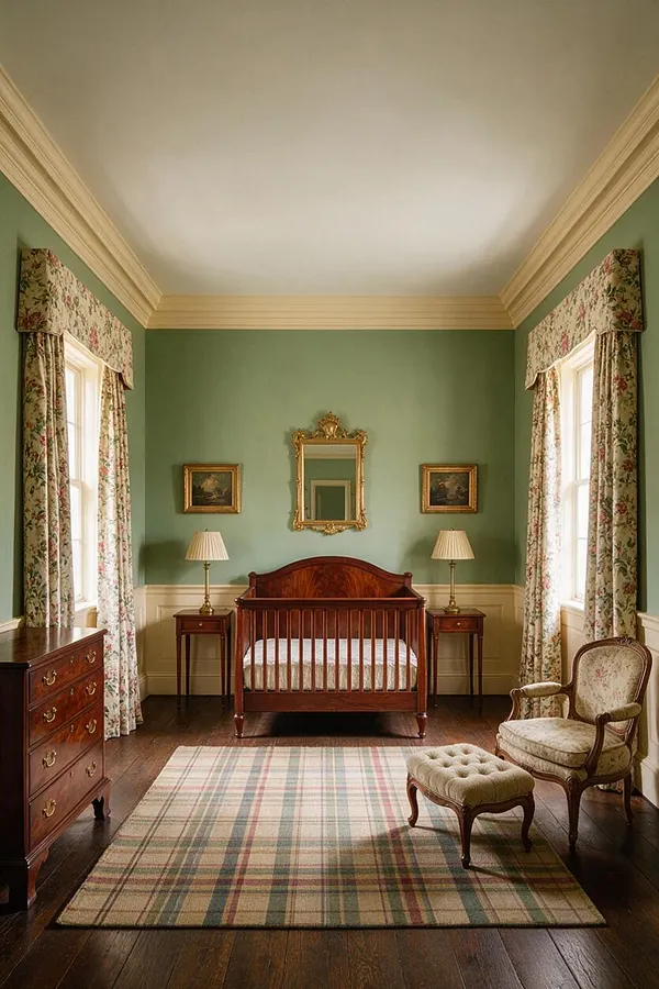 A traditional nursery with sage green walls, cream crown molding, and dark wood floors. A polished wood crib sits centered between two small side tables with brass lamps, with floral drapes, a plaid area rug, antique-style mirror, framed art, and a vintage chair and ottoman completing the room.
