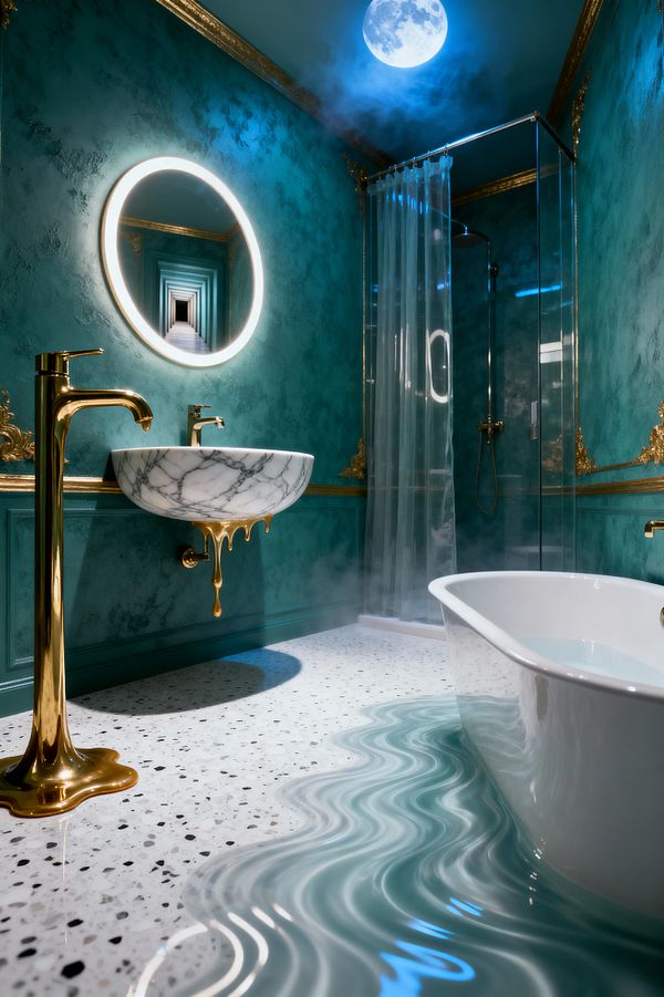 A surreal bathroom with deep teal textured walls and gilded moldings features a round backlit mirror that reflects an endless corridor illusion. A marble wall basin appears to melt with gold drips beside polished brass taps; a freestanding white tub sits on speckled terrazzo as aqua water ripples onto the floor, while a glass shower and a moonlike ceiling light cast cool blue mist across the space.