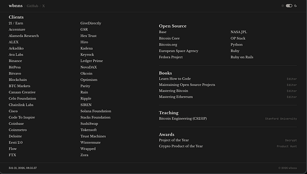 Screenshot of the personal website wbnns.com showing a simple dark-themed introduction with large "Hello, world!" text and smooth scrolling navigation links.