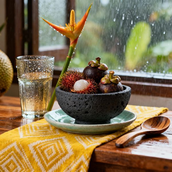 Close-up of a tropical dining table by a rain-splashed window. A porous black lava-stone bowl filled with mangosteen and rambutan sits on a pale green ceramic plate atop a yellow geometric cotton runner, beside a wooden spoon and a glass of water beaded with droplets. A single orange bird-of-paradise stem leans into the scene, with lush greenery blurred outside.