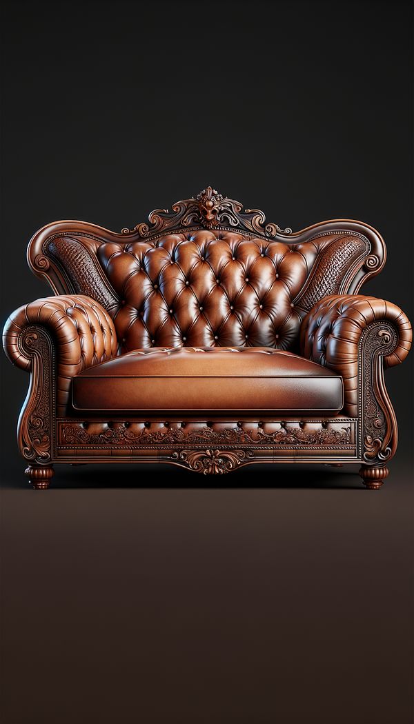 A luxurious leather sofa featuring a detailed debossed pattern on the backrest.