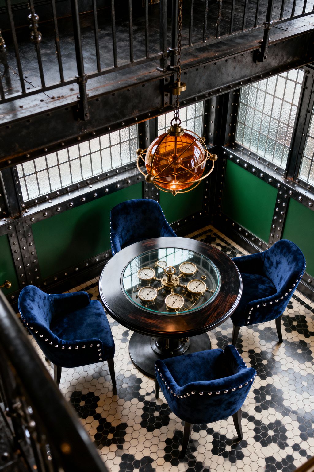 View from above of a steampunk dining corner featuring a round dark wood table with a glass center showcasing brass pressure gauges on a metal hub. Four deep blue velvet chairs with nailhead trim sit on a black-and-white hex tile floor, surrounded by riveted black steel walls with emerald green panels and textured windows, illuminated by an amber glass globe pendant hanging from a chain.