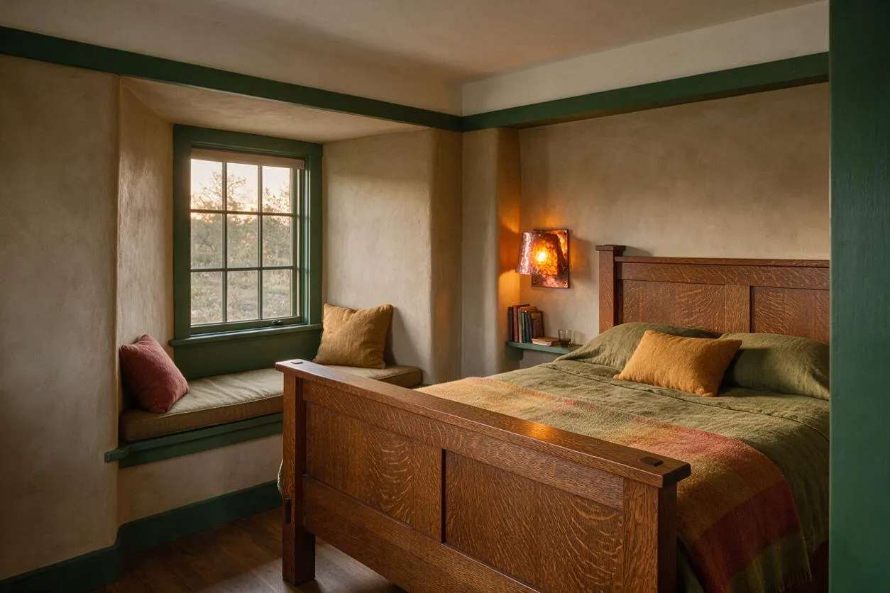 A Craftsman-style master bedroom with a warm wood bed frame, textured earth-toned bedding, and a built-in window seat beside a green-trimmed window. The room features plaster walls, dark green trim, a glowing wall sconce, and a cozy, handcrafted atmosphere.