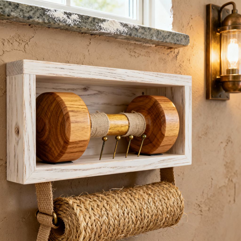 Close-up of a farmhouse-style home gym vignette showing a whitewashed wooden box shelf holding a turned oak dumbbell with a burlap-wrapped handle and four small brass hooks beneath. Below hangs a braided jute exercise mat on cotton straps, set against warm beige plaster walls; to the right, an antique brass lantern sconce glows, and above, a speckled granite windowsill with a light dusting of white powder catches daylight.