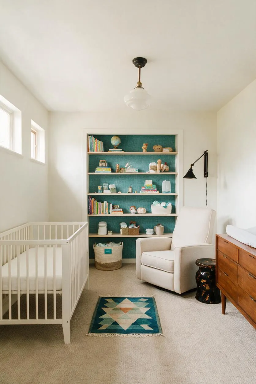 A bright eclectic nursery with white walls, a white crib on the left, and a cream upholstered rocking chair beside a teal-backed built-in bookshelf filled with books, baskets, and decor. A mid-century wooden dresser, black wall lamp, and small geometric rug complete the calm, layered space.
