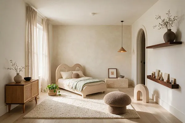A serene kids' room with a small pale wood bed, textured cream rug, and soft beige walls. Natural light filters through sheer curtains, while floating shelves, a woven pendant, and rounded decor pieces reinforce the organic modern style.