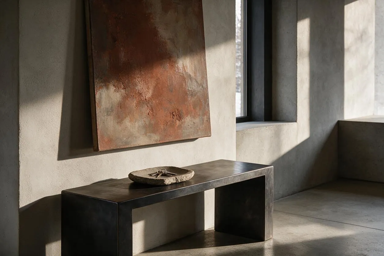 A sparse Brutalist interior vignette with textured concrete walls and floor, a dark rectangular metal console table, and a large rusted metal artwork hanging above it. Sunlight from a black-framed window casts sharp shadows across the pale walls and bench-like table, creating a quiet, sculptural atmosphere.