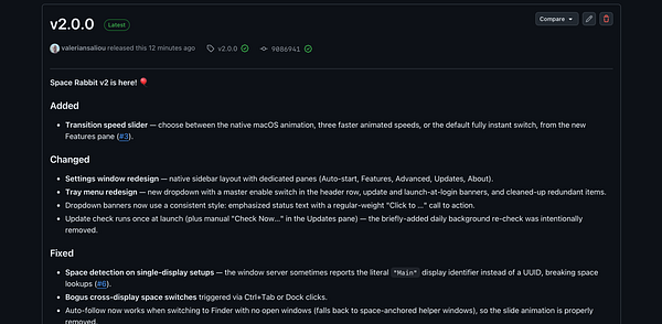 Screenshot of a macOS application named Space Rabbit showing a time-saving feature for Spaces management with a detailed launcher interface and keyboard shortcuts.
