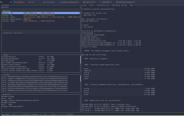 The image displays a terminal interface showing the status of a Laravel Docker project build process.