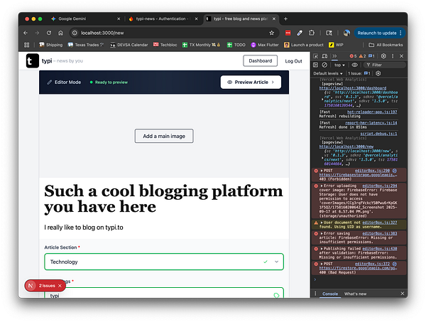The image displays a web interface for a blogging platform with multiple error messages in the developer console.