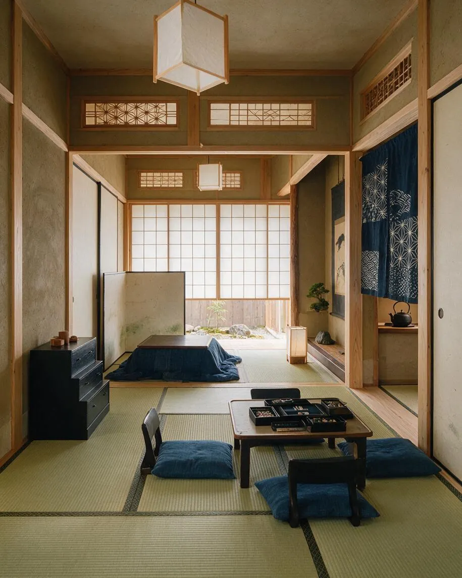 A Japanese Zen-style game room with tatami mat flooring, low wooden tables, blue floor cushions, and shoji screens filling the back wall with soft daylight. Natural wood framing, a hanging paper lantern, and a small garden view create a calm, minimalist atmosphere.