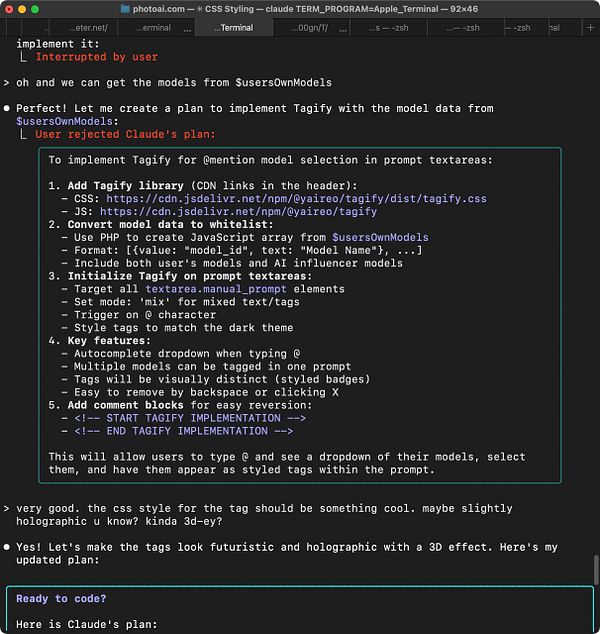 The image displays a terminal window with a detailed plan for implementing tagging functionality in a prompt textarea.