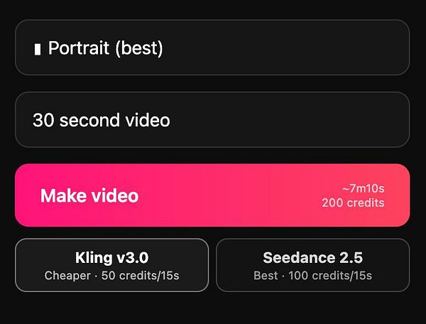 Screenshot of a user interface demonstrating model selection with buttons labeled Video, Image, and Text.
