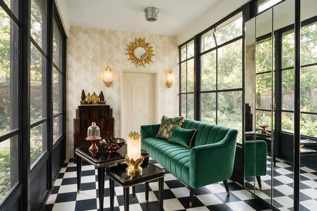 A bright front porch styled in Art Deco fashion features black-framed glass walls, a black-and-white checkerboard floor, and cream palm-pattern wallpaper. A deep green velvet sofa sits beside glossy black nesting tables, gold-accented decor, a sunburst mirror, and warm wall sconces, with garden views visible through the windows.