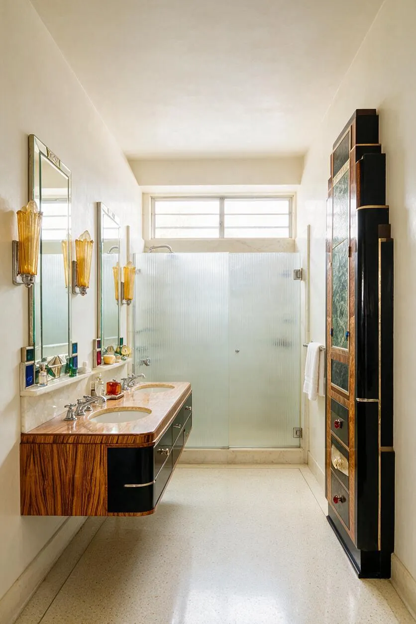 A narrow master bathroom with an Art Deco feel, featuring a floating double-sink vanity in wood veneer, black lacquer, and marble. Amber glass sconces, framed mirrors, a frosted glass shower enclosure, and a tall matching cabinet create a glamorous, symmetrical look.
